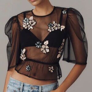 NWT Anthropologie embellished sheer mesh top beaded L